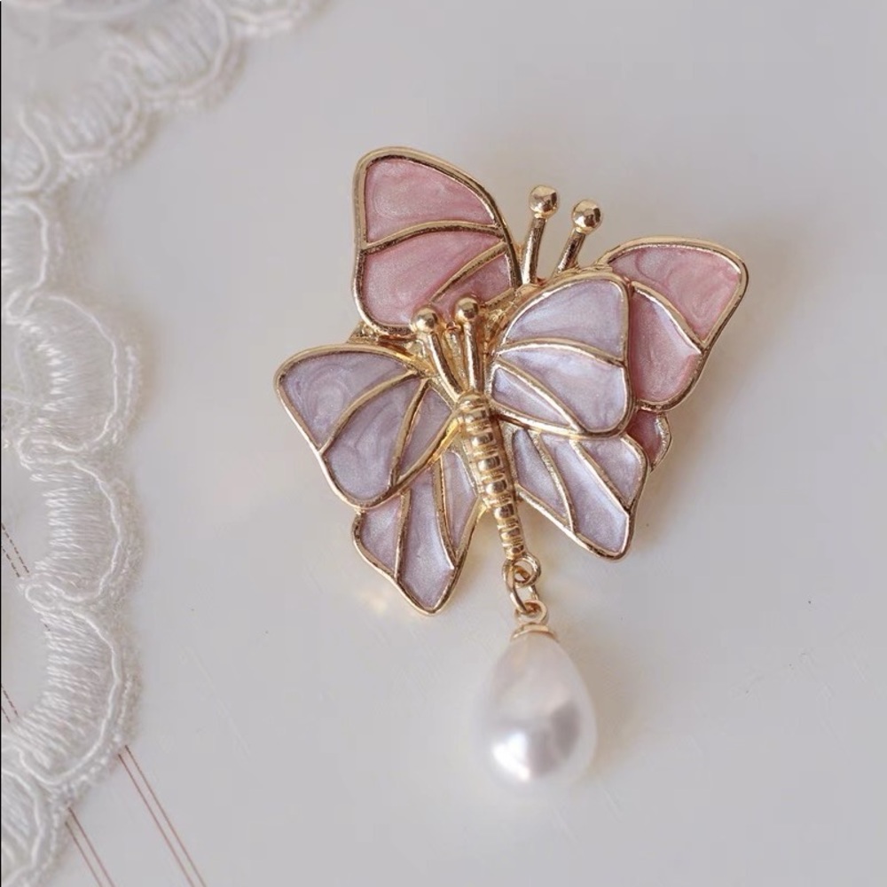 enamel pink purple butterfly stud earring with drop pearls